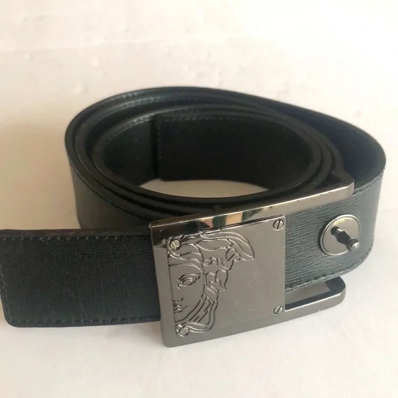 Versace Black Leather Medusa Head Buckle Belt Sz 38 - Picture 1 of 9